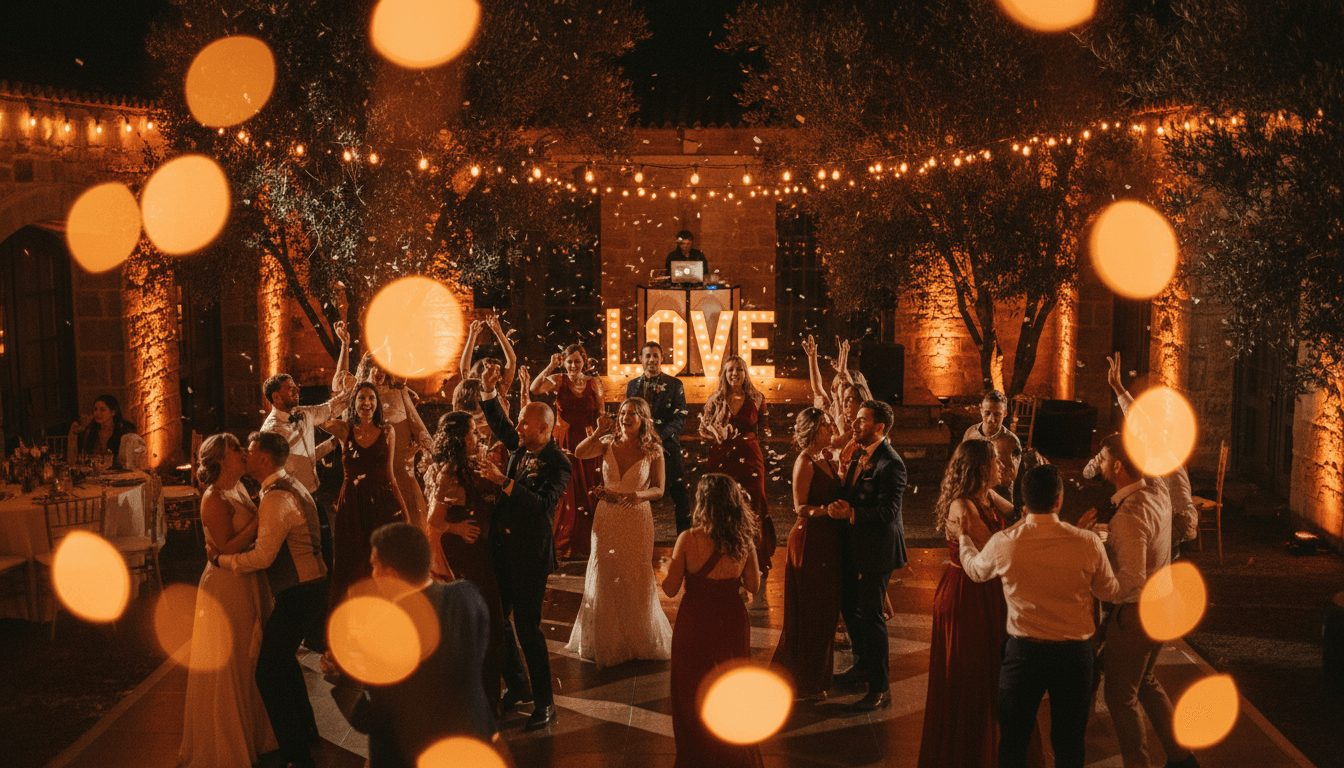 Guests dancing at a wedding reception with DJ lights glowing in the background