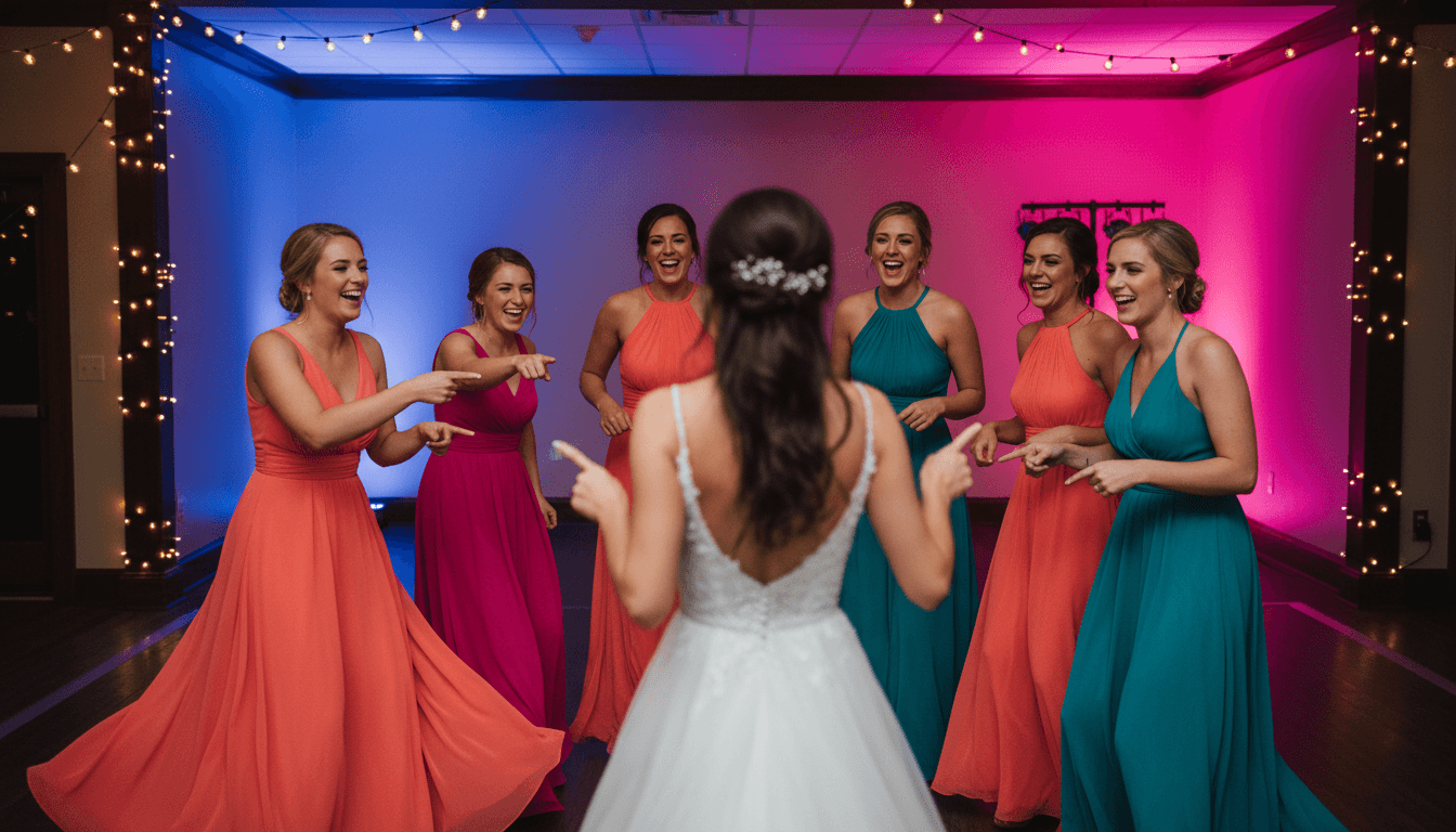 Bridesmaids dancing in a circle around the bride on the dance floor
