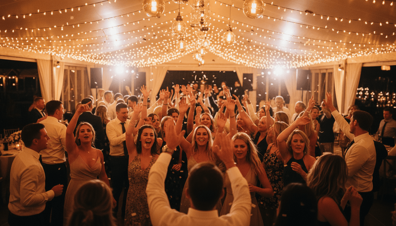 Wedding guests dancing with hands raised on a packed reception dance floor under warm string lights
