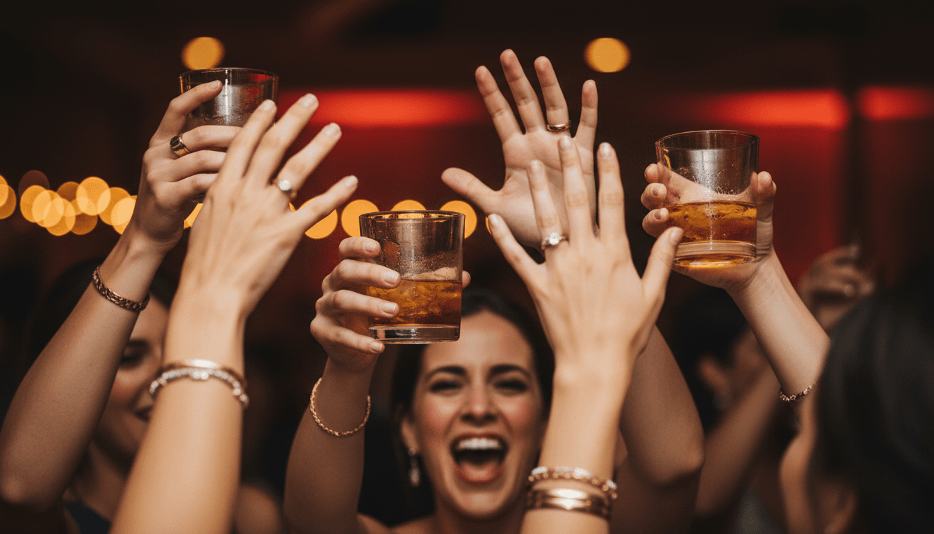 Close-up of wedding guests raising their hands in celebration on the dance floor