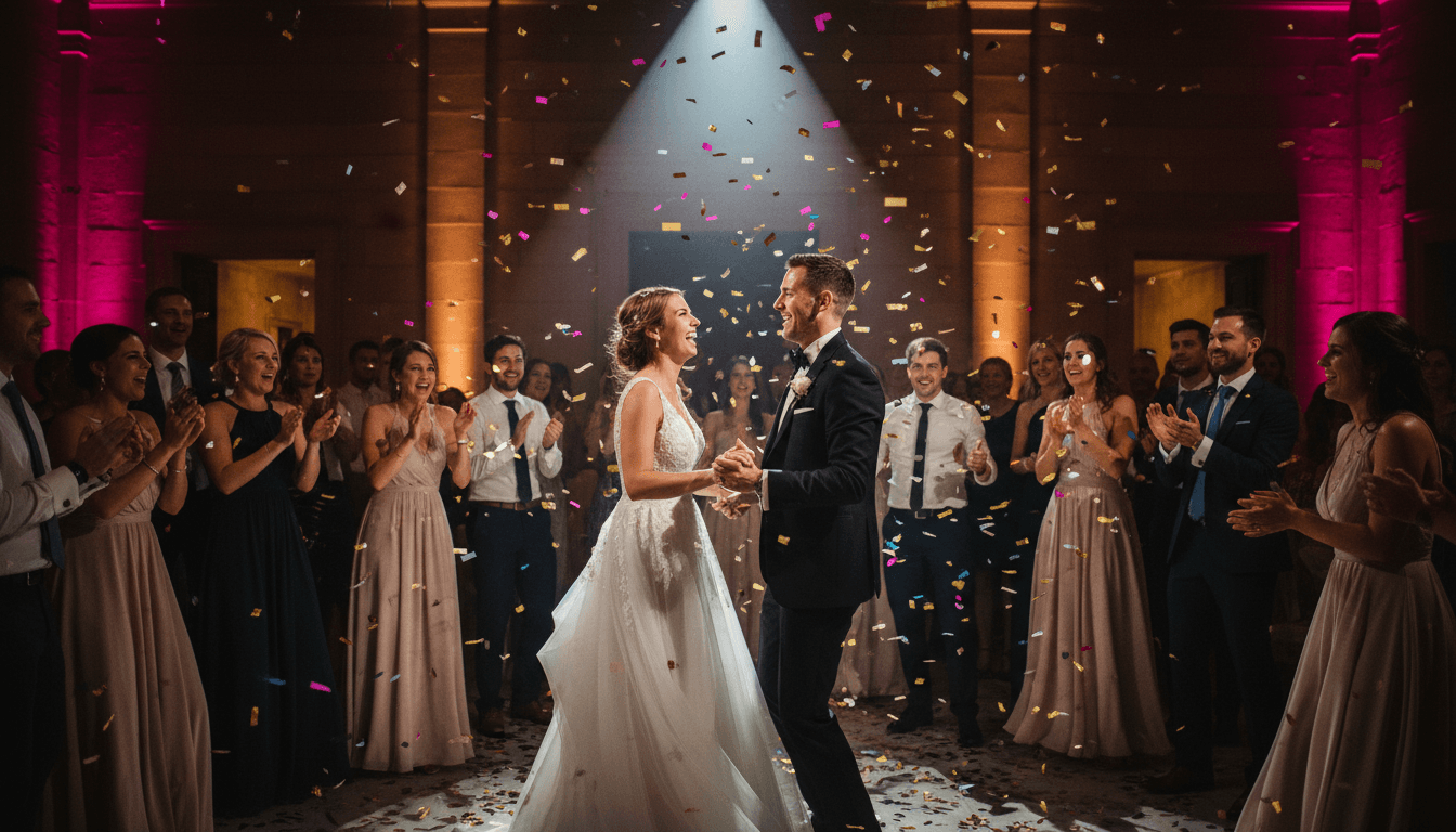 Bride and groom dancing surrounded by cheering guests under a spotlight