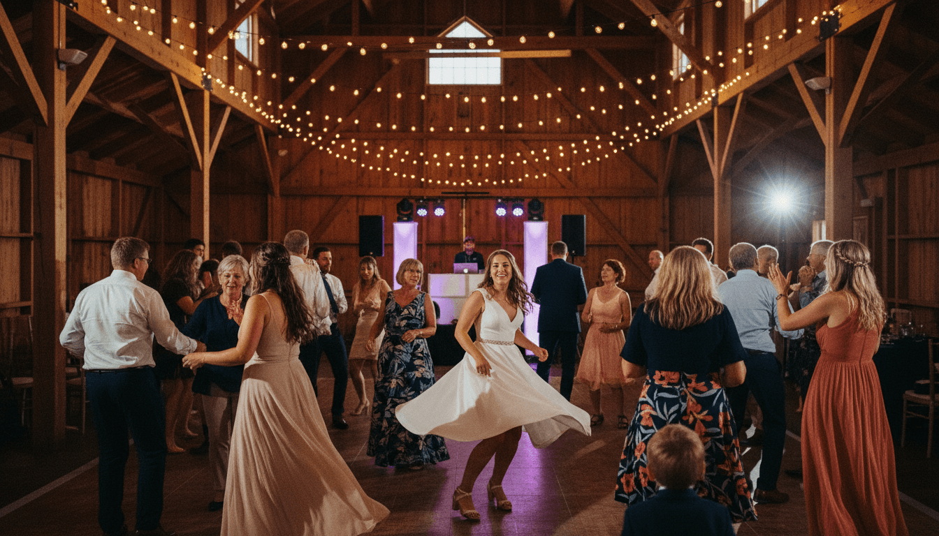 Full dance floor with guests of all ages dancing together in a barn venue