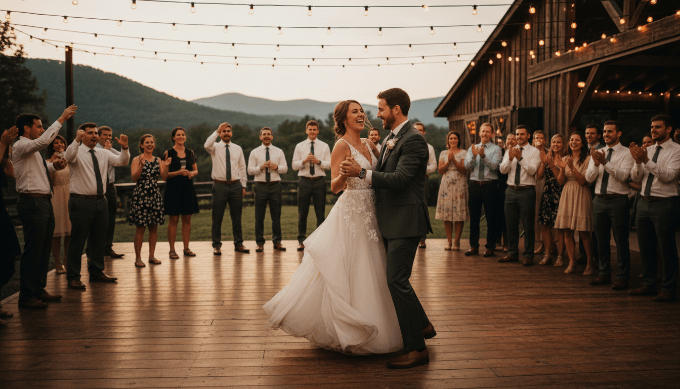 Wedding couple dancing on a packed dance floor with guests celebrating around them