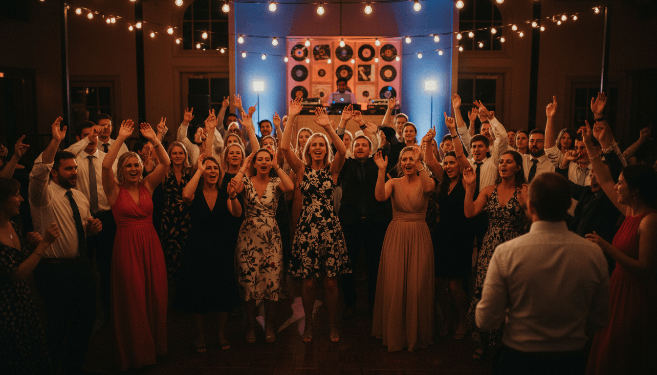 Guests with hands raised dancing under warm string lights at a wedding reception