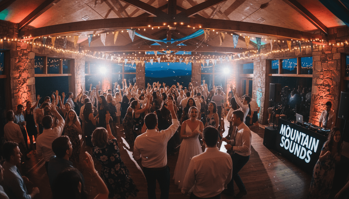 Wedding guests dancing and celebrating on a packed dance floor under warm string lights