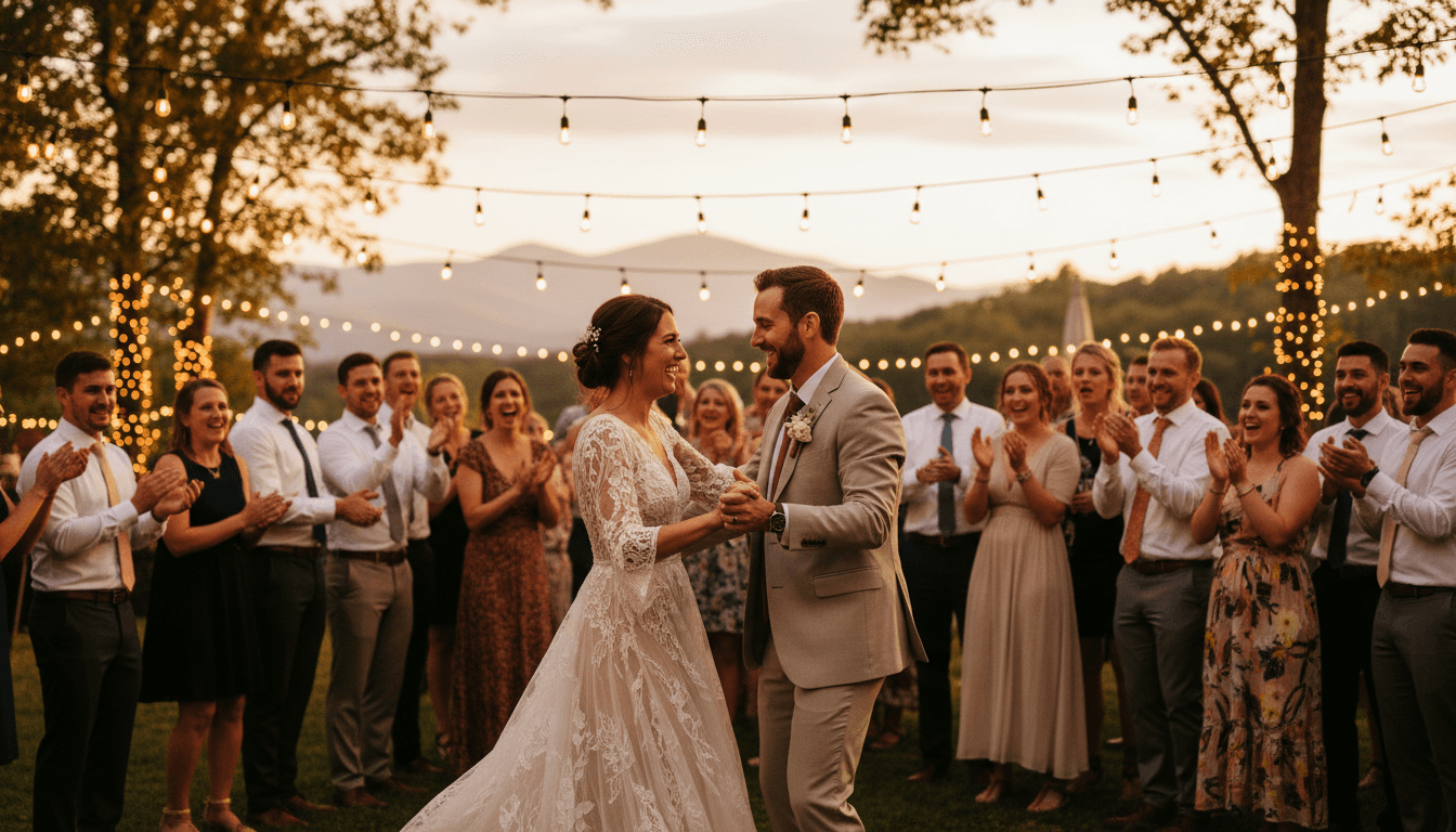 Wedding couple dancing at an outdoor reception with guests celebrating under string lights