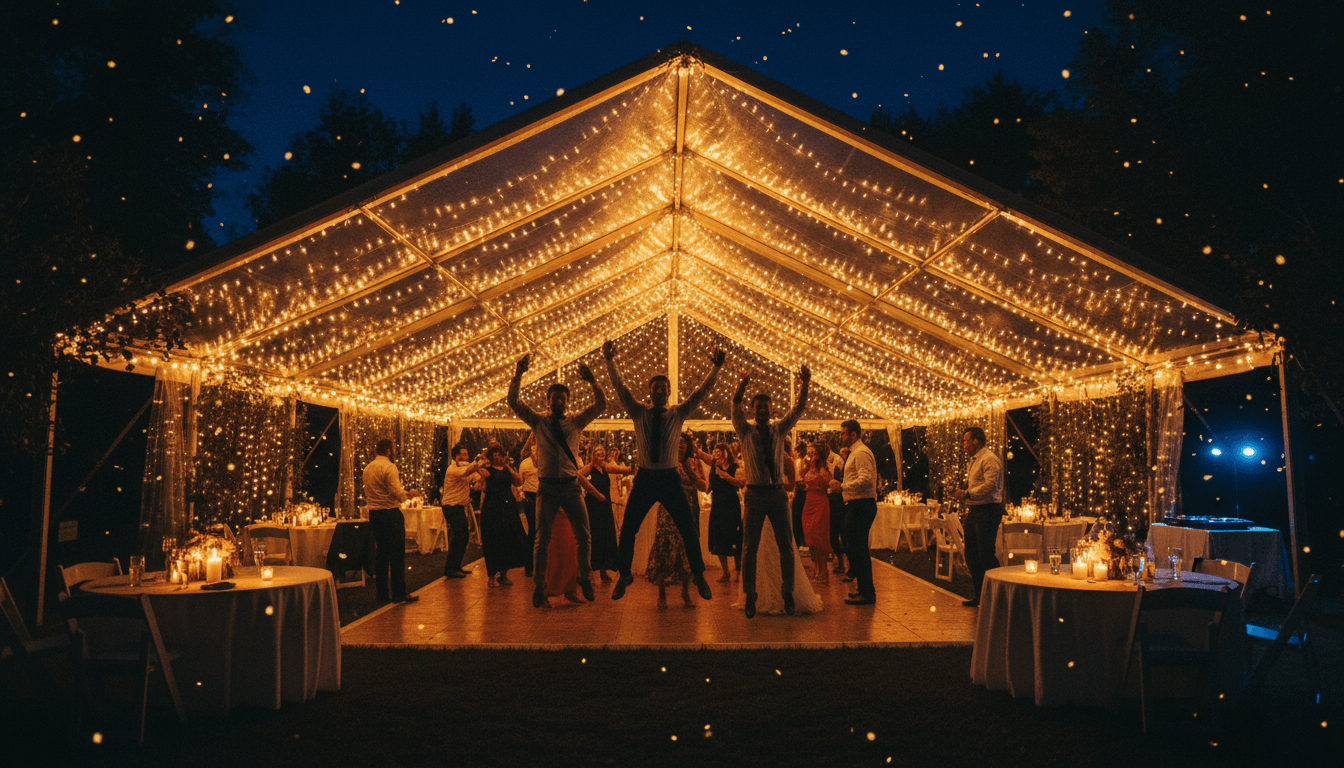 Packed dance floor at an outdoor tented wedding reception with string lights