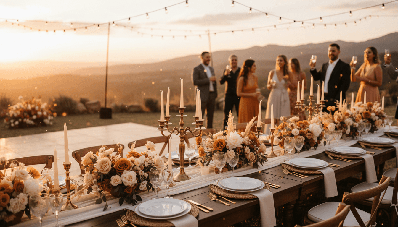 Guests celebrating at an outdoor wedding reception with string lights and mountain views