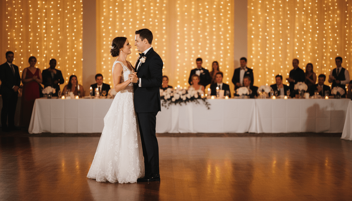 Wedding guests dancing and celebrating at an evening reception