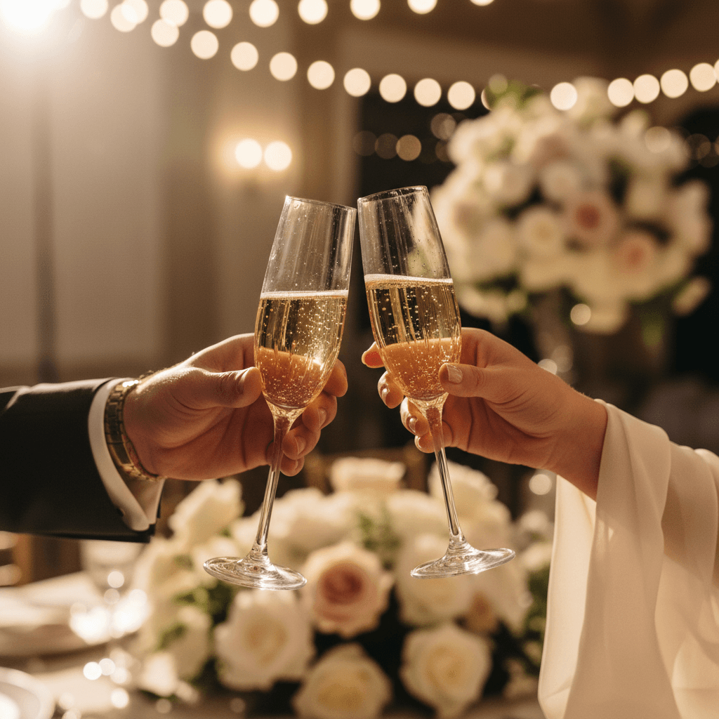Guest raising a glass during a toast as the couple watches in soft focus