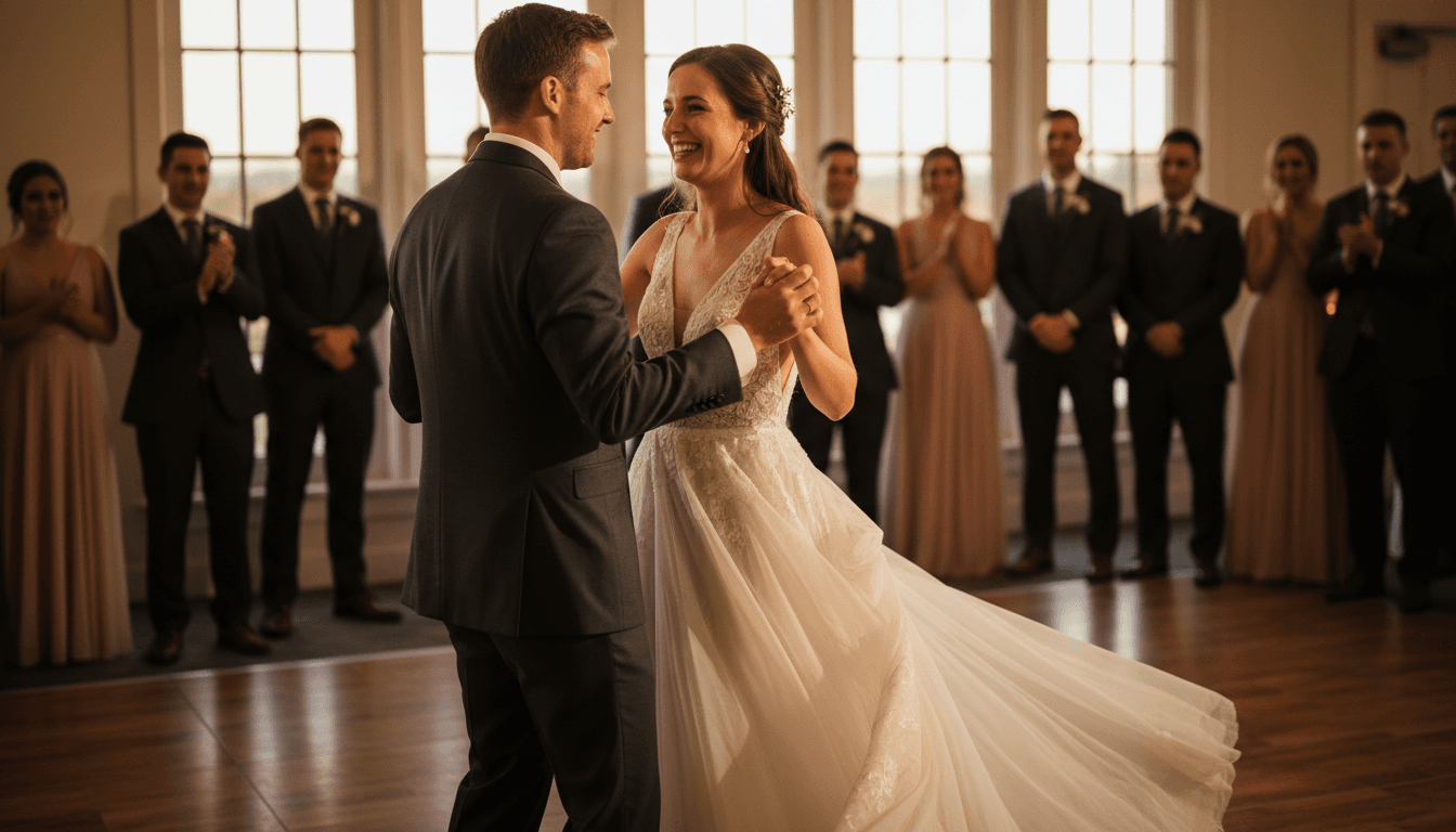 Couple dancing at their wedding reception with guests celebrating around them