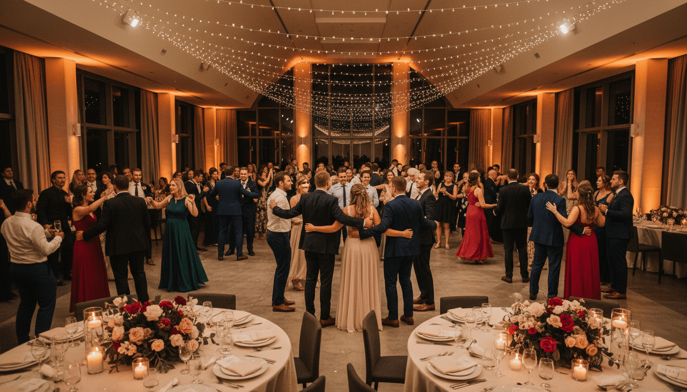 Wedding guests dancing and celebrating on a packed dance floor at an upscale barn venue with warm string lights