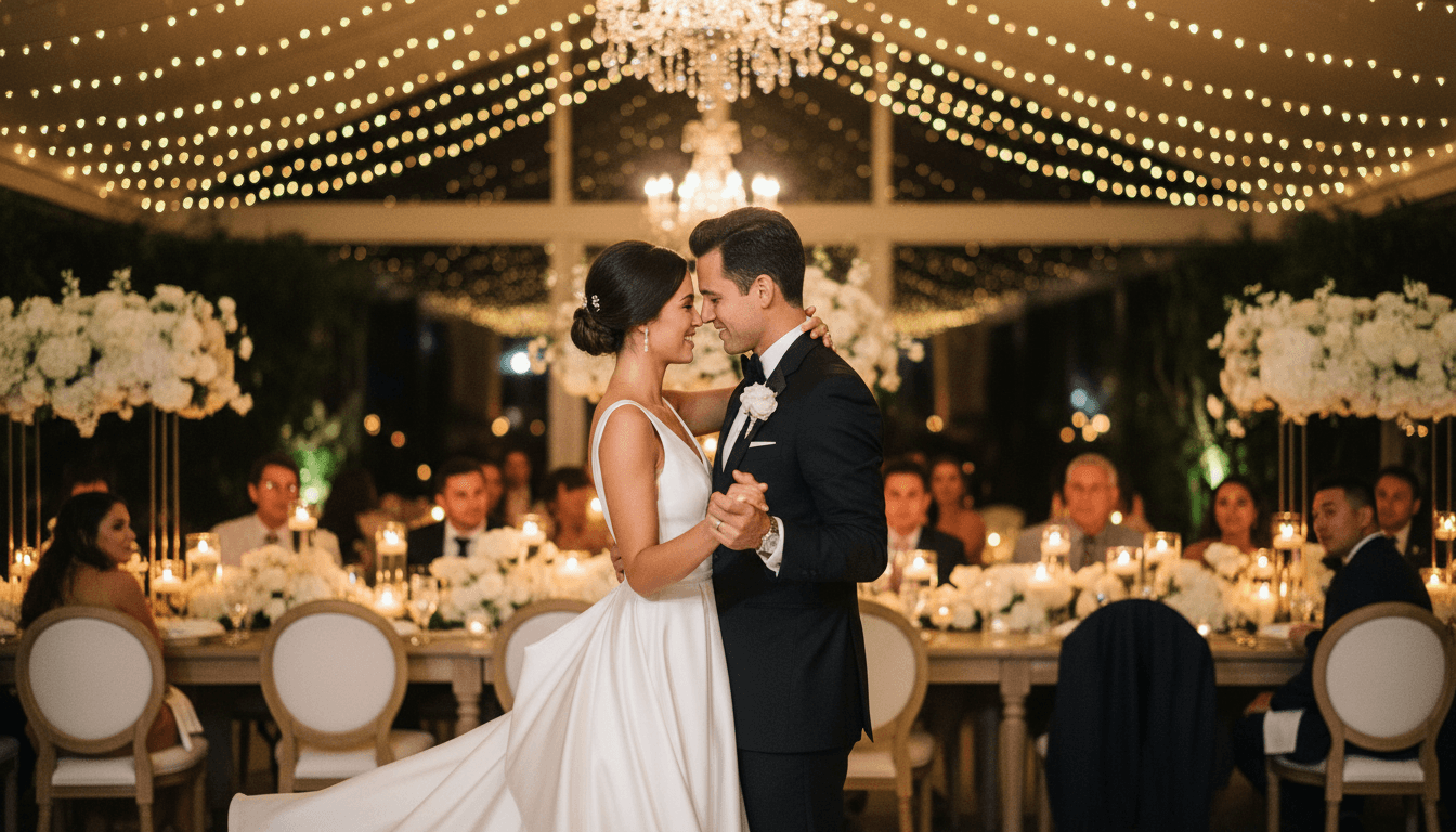 Guests celebrating and dancing at an Asheville wedding reception with string lights in the background