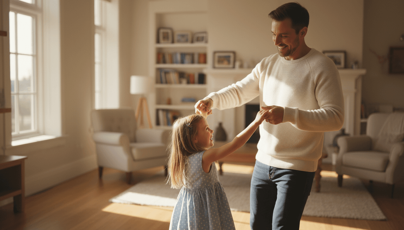 Father and daughter dancing together while guests smile and watch
