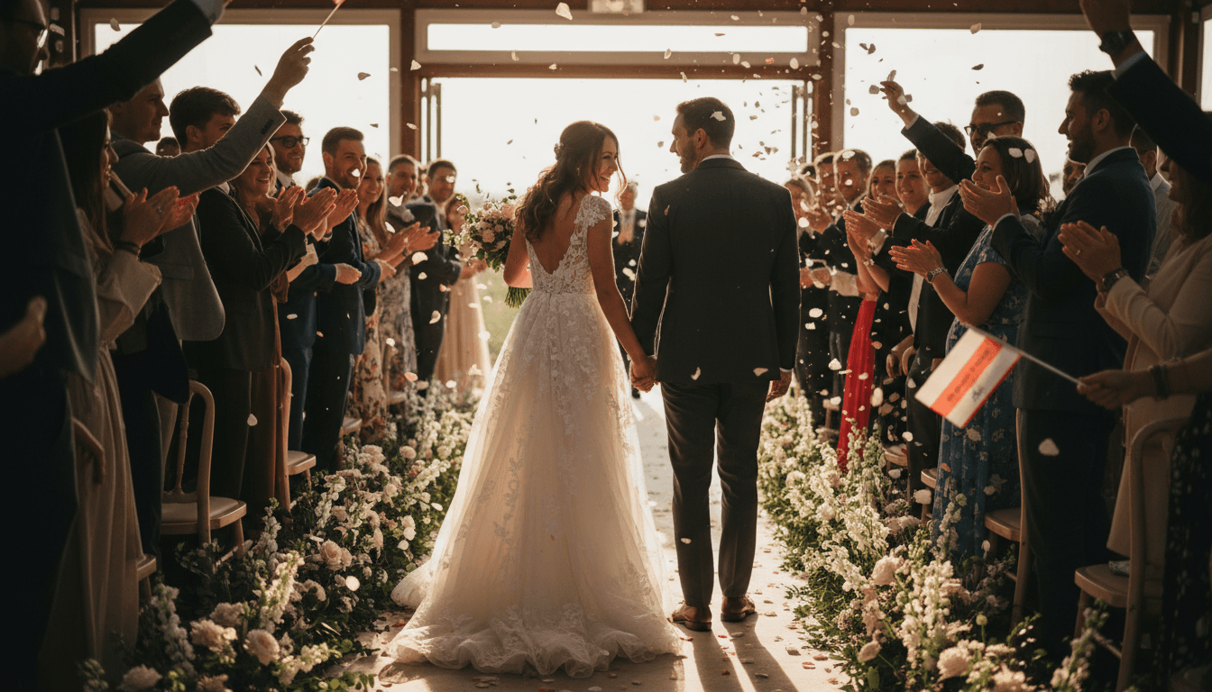 Guests clapping and laughing during the couple's grand entrance at a reception